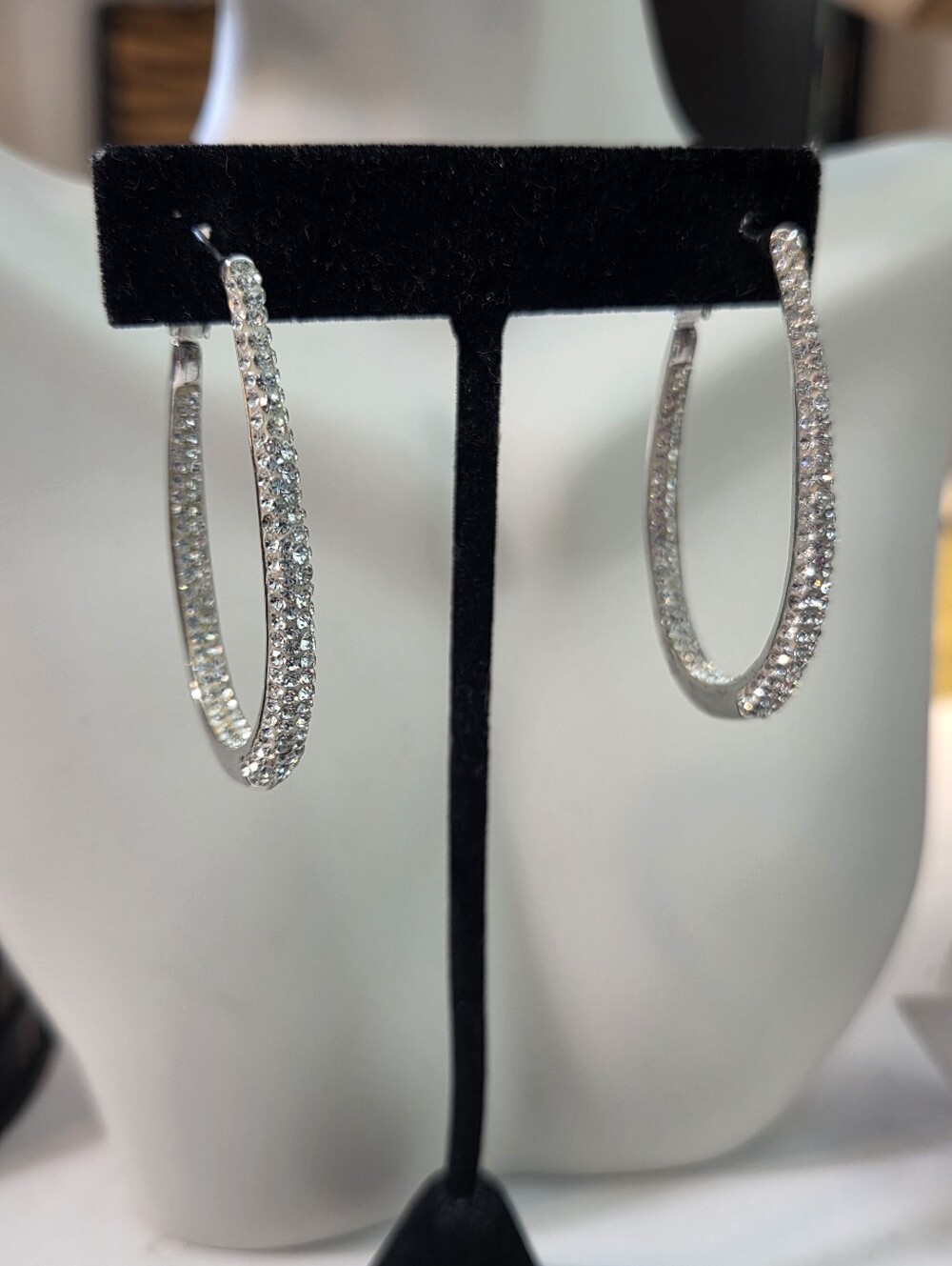 large oval pave rhinestone pierced earrings front back design oversized 2inch